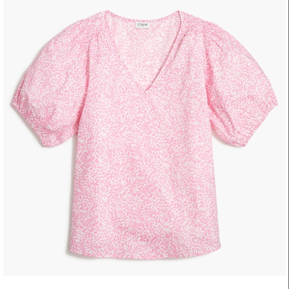J. Crew | Cotton V-Neck Puff-Sleeve Floral Women Pink/White Blouse Large